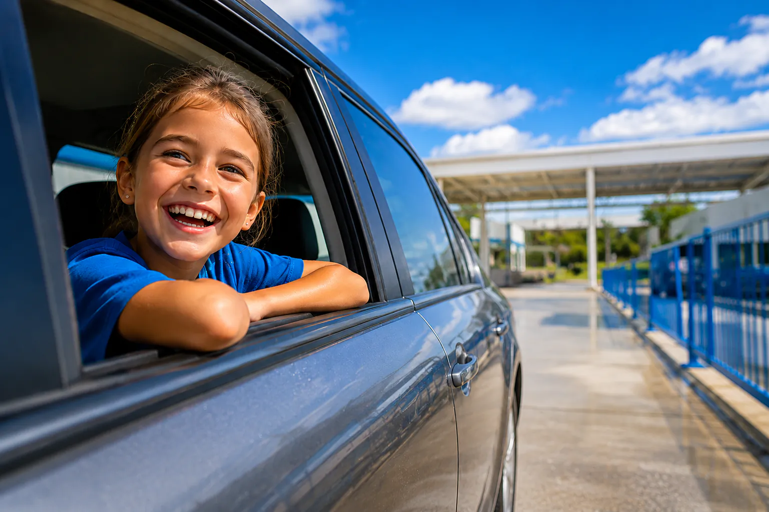 A grinning girl leaning out the back window of a car on a sunny Rubber Duck wash lot